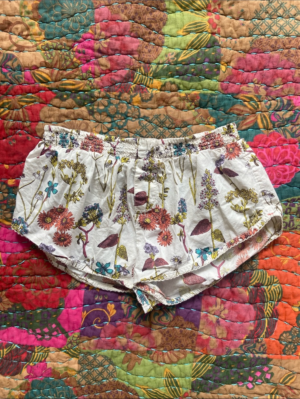 Anthropologie White Floral-Print Elastic Waist Cotton Shorts XXS